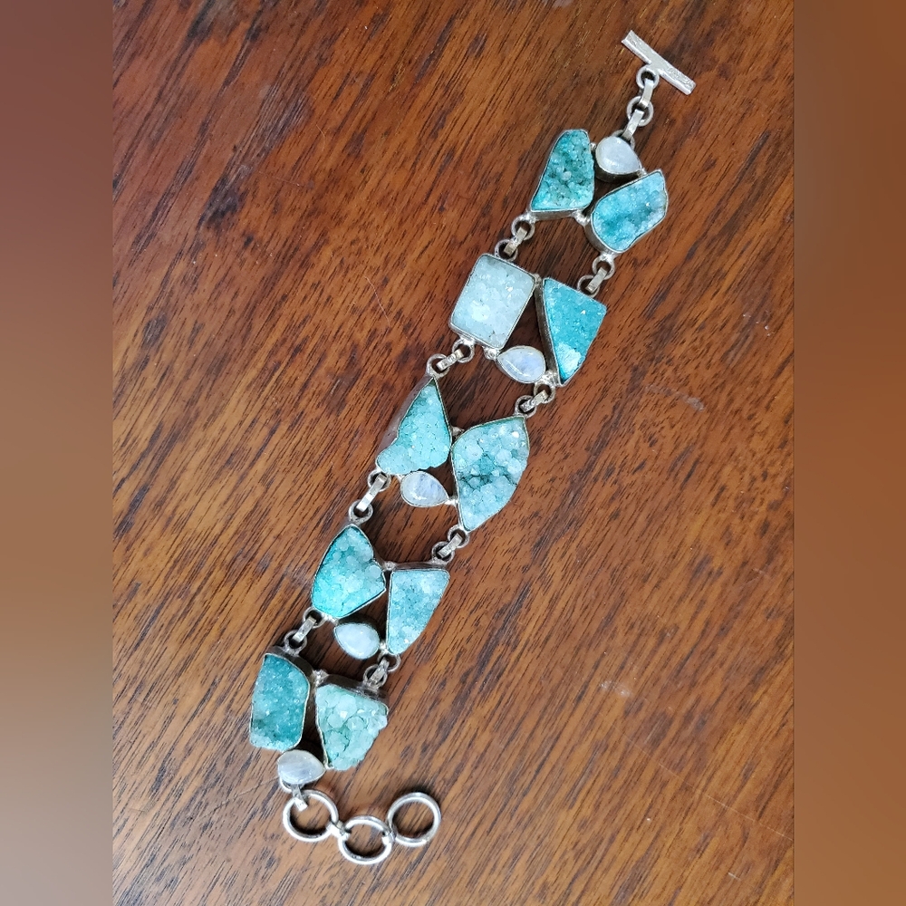 Aqua Green Druzy Quartz And Moonstone Sterling Silver Chunky Bracelet Marked 925